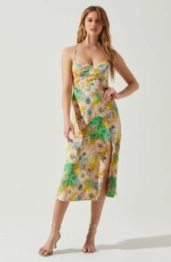 Gala Bustier Cross Strap Midi Dress -Astr The Label Shop ACDR101545 CORALYELLOWFLORAL 1