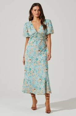 Esperanza Floral Puff Sleeve Midi Dress 15 Esperanza Floral Puff Sleeve Midi Dress -Astr The Label Shop ACDR101560 BLUEPEACHFLORAL 1