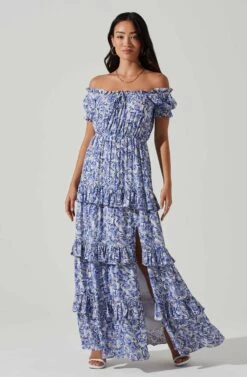 Viona Floral Off Shoulder Tiered Maxi Dress -Astr The Label Shop ACDR101591 BLUEWHITEMULTI 1