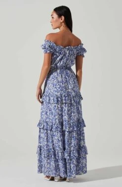 Viona Floral Off Shoulder Tiered Maxi Dress -Astr The Label Shop ACDR101591 BLUEWHITEMULTI 5