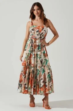 Almina Floral Pleated Midi Dress 10 Almina Floral Pleated Midi Dress -Astr The Label Shop ACDR101638 TAUPEORANGEMULTI 1