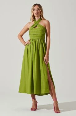 Zaria Pleated Halter Midi Dress -Astr The Label Shop ACDR101778 AVOCADO 1