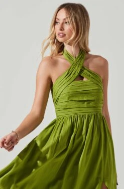 Zaria Pleated Halter Midi Dress -Astr The Label Shop ACDR101778 AVOCADO 3