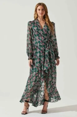 Kamila Long Sleeve Floral Wrap Maxi Dress -Astr The Label Shop ACDR101894 GREENPINKFLORAL 1