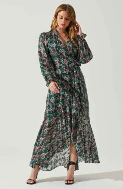 Kamila Long Sleeve Floral Wrap Maxi Dress -Astr The Label Shop ACDR101894 GREENPINKFLORAL 2
