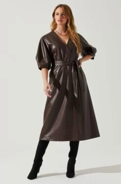 Angie Faux Leather Tie Waist Midi Dress -Astr The Label Shop ACDR101897 DARKBROWN 2
