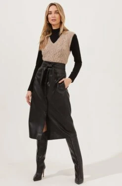 Astr The Label Shop 22 Lorette Tie Waist Faux Leather Midi Skirt