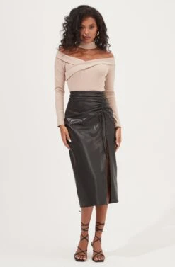 Alondra Ruched Faux Leather Midi Skirt 27 Alondra Ruched Faux Leather Midi Skirt -Astr The Label Shop ACS9082 BLACK 1