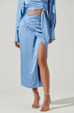 Loretta Satin Wrap Front Midi Skirt -Astr The Label Shop ACS9111VR BLUE 2
