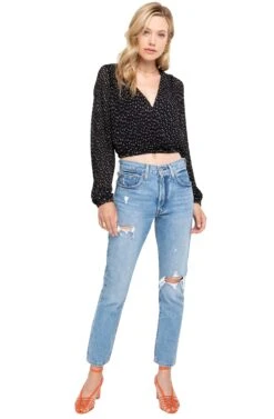 Long Sleeve Pleated Crop Top -Astr The Label Shop ACT15081B BLACK MUSTARD DOT 01