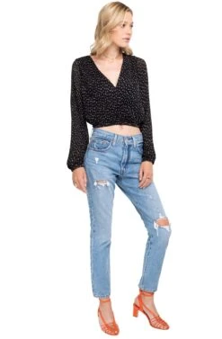 Long Sleeve Pleated Crop Top -Astr The Label Shop ACT15081B BLACK MUSTARD DOT 02