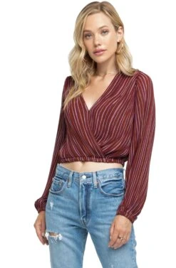 Long Sleeve Pleated Crop Top -Astr The Label Shop ACT15081C WINE PINK STRIPE 00