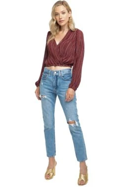 Long Sleeve Pleated Crop Top -Astr The Label Shop ACT15081C WINE PINK STRIPE 01