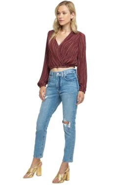 Long Sleeve Pleated Crop Top -Astr The Label Shop ACT15081C WINE PINK STRIPE 02