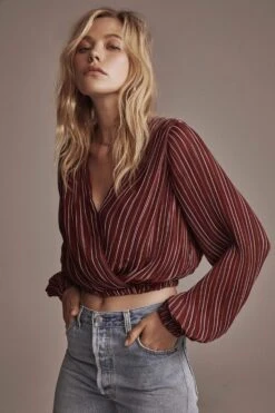 Long Sleeve Pleated Crop Top -Astr The Label Shop ACT15081C WINE PINK STRIPE 04