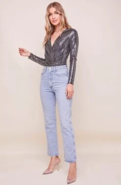 Tinsley Long Sleeve Wrap Bodysuit -Astr The Label Shop ACT16453 BLACKDISCO 4