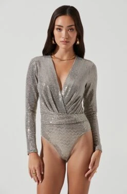 Tinsley Long Sleeve Wrap Bodysuit -Astr The Label Shop ACT16453 CHAMPAGNE 0404
