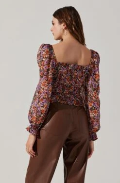 Tonina Floral Square Neck Puff Sleeve Top -Astr The Label Shop ACT16469C ORANGEPURPLEFLORAL 2