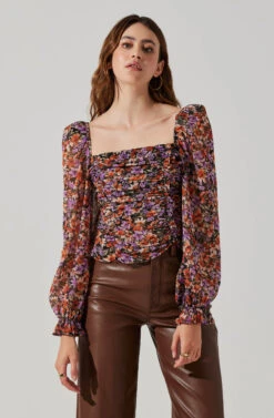 Tonina Floral Square Neck Puff Sleeve Top -Astr The Label Shop ACT16469C ORANGEPURPLEFLORAL 6