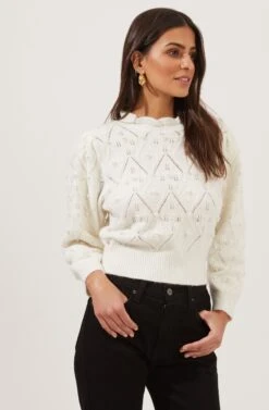 Taya Pearl Embellished Pointelle Frill Neck Sweater