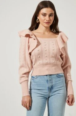 Cabot Ruffle Faux Pearl Embellished Sweater