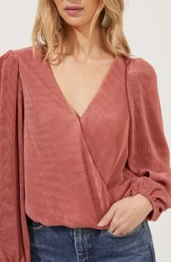 Valdez Long Sleeve Pleated Surplice Top -Astr The Label Shop ACT16791 PINKCLAY 3