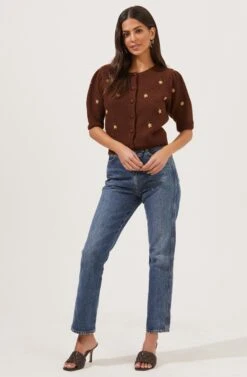 Valeria Flower Embroidered Short Sleeve Cardigan 11 Valeria Flower Embroidered Short Sleeve Cardigan -Astr The Label Shop ACT16805 COCOA 1