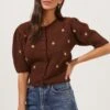 Valeria Flower Embroidered Short Sleeve Cardigan -Astr The Label Shop ACT16805 COCOA 2