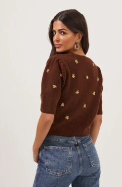 Valeria Flower Embroidered Short Sleeve Cardigan 13 Valeria Flower Embroidered Short Sleeve Cardigan -Astr The Label Shop ACT16805 COCOA 6