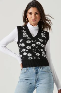 Primrose V Neck Sweater Vest -Astr The Label Shop ACT16821JC BLACKWHITEFLORAL 0850