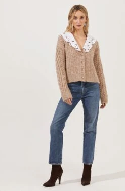 Pemberley Oversized Collar Cable Knit Cardigan 10 Pemberley Oversized Collar Cable Knit Cardigan -Astr The Label Shop ACT16849 TAUPE 1