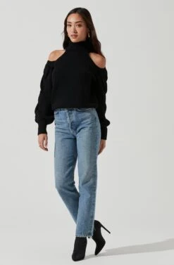 Rhoswen Cold Shoulder Cutout Turtleneck Sweater -Astr The Label Shop ACT16873 BLACK 1520