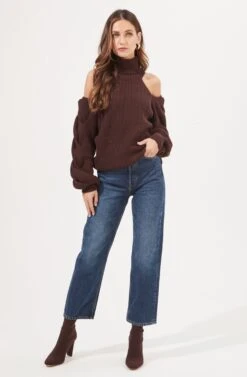 Rhoswen Cold Shoulder Cutout Turtleneck Sweater -Astr The Label Shop ACT16873 CHOCOLATE 1