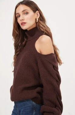 Rhoswen Cold Shoulder Cutout Turtleneck Sweater -Astr The Label Shop ACT16873 CHOCOLATE 3