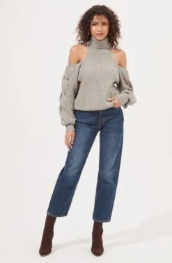 Rhoswen Cold Shoulder Cutout Turtleneck Sweater -Astr The Label Shop ACT16873 HEATHERGREY 1