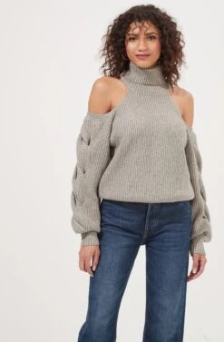 Rhoswen Cold Shoulder Cutout Turtleneck Sweater -Astr The Label Shop ACT16873 HEATHERGREY 2