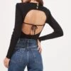 Felice Open Back Padded Shoulder Long Sleeve Sweater Bodysuit -Astr The Label Shop ACT16925 BLACK 5