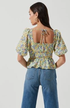 Clairemont Floral Puff Sleeve Peplum Top 13 Clairemont Floral Puff Sleeve Peplum Top -Astr The Label Shop ACT16963D YELLOWGREENFLORAL 6