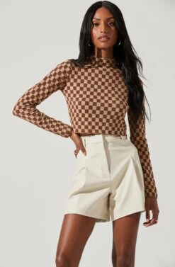 Izzy Checkered Long Sleeve Top -Astr The Label Shop ACT17027B BROWNTAUPE 0866