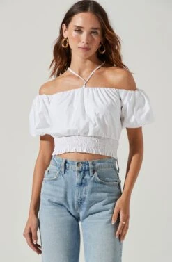 Aldrin Halter Neck Off Shoulder Puff Sleeve Top -Astr The Label Shop ACT17126 WHITE 2