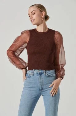 Audrina Chiffon Sleeve Sweater -Astr The Label Shop ACT17163L BROWN 2