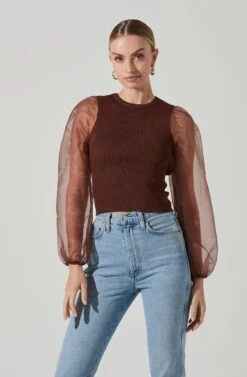 Audrina Chiffon Sleeve Sweater -Astr The Label Shop ACT17163L BROWN 3