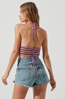 Cabana Crochet Halter Crop Top -Astr The Label Shop ACT17207 BROWN PURPLESTRIPES 1703