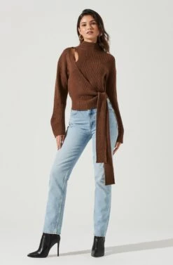 Sora Mock Neck Cutout Tie Waist Sweater -Astr The Label Shop ACT17261 BROWN 0815 2