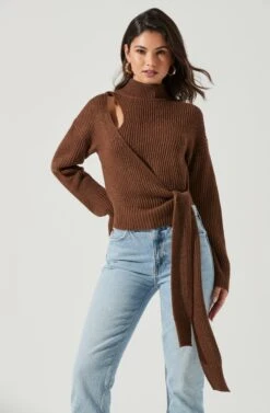 Sora Mock Neck Cutout Tie Waist Sweater -Astr The Label Shop ACT17261 BROWN 0815 4