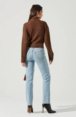 Sora Mock Neck Cutout Tie Waist Sweater -Astr The Label Shop ACT17261 BROWN 0815 5