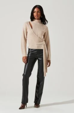Sora Mock Neck Cutout Tie Waist Sweater -Astr The Label Shop ACT17261 CREAM 0784