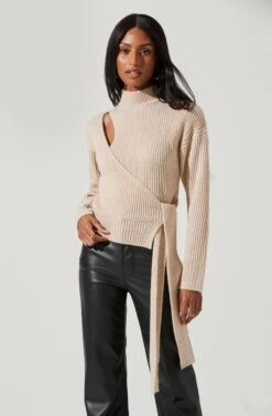 Sora Mock Neck Cutout Tie Waist Sweater -Astr The Label Shop ACT17261 CREAM 0787