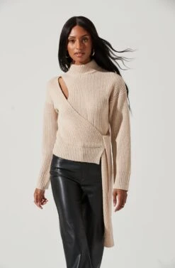 Sora Mock Neck Cutout Tie Waist Sweater -Astr The Label Shop ACT17261 CREAM 0789