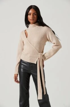 Sora Mock Neck Cutout Tie Waist Sweater -Astr The Label Shop ACT17261 CREAM 0792